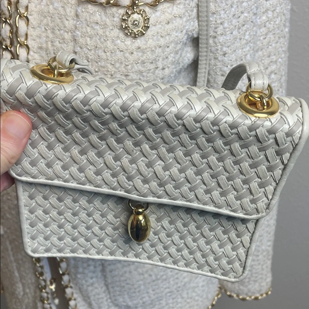 Genuine Leather Beige Silver Cream Woven Crossbody Bag with Gold Accent